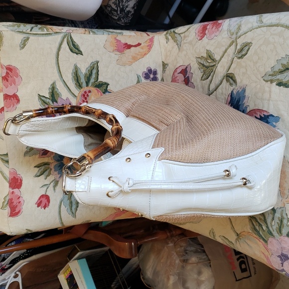 LOFT Woven and Off White Croc Embossed Shoulder Bag, with "Bamboo" Handle. - Picture 2 of 12